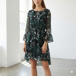 Club Monaco green silk floral high-low ruffle shirt dress - 4 (Small)